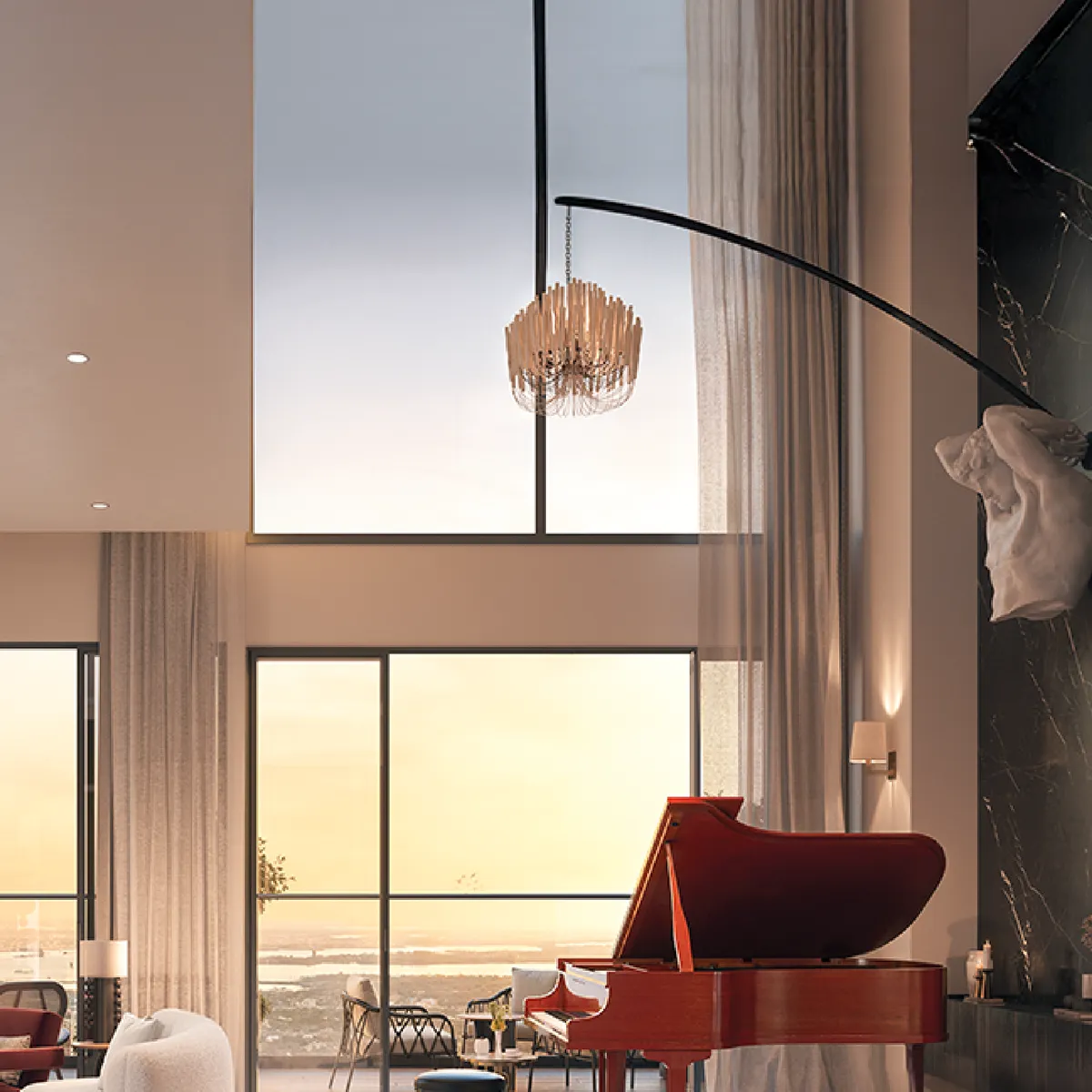 Rise With 9 interior visualization showing living and dining areas with city views